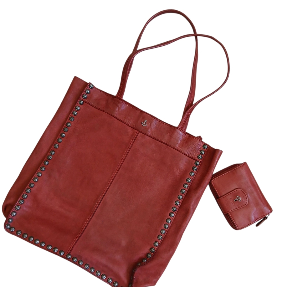 Red Leather Studded Tote Bag And Wallet Set By HARBOUR 2nd / Arthropologie